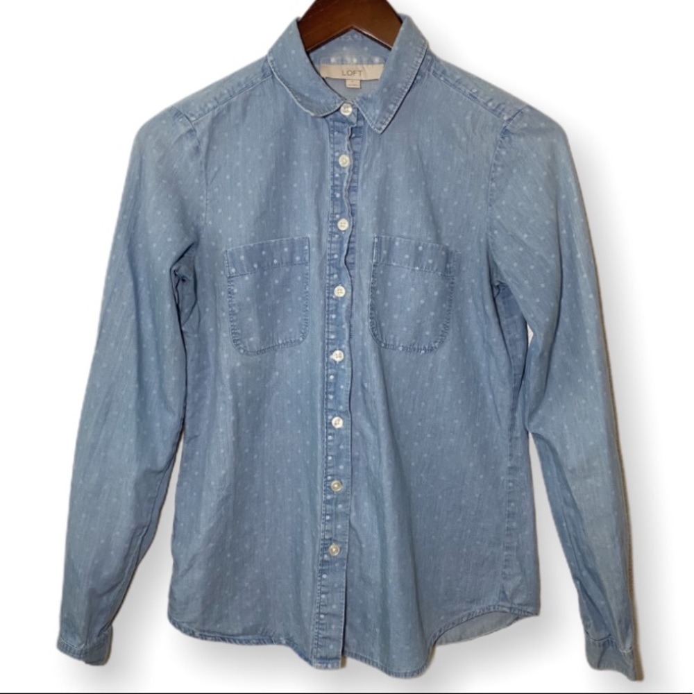 Loft Light chambray Denim Look Polka Dot Button Down Top